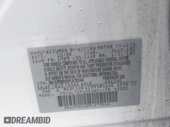 2023 Nissan Kicks SR with VIN 3N1CP5DV0PL479144, listed as a IAAI auction lot 41719775 with 34,734 mi miles and . Bid and sale history available at DreamBid. Image 9.