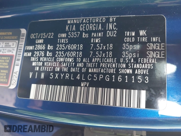 2023 Kia Sorento S with VIN 5XYRL4LC5PG161153, listed as a IAAI auction lot 41905244 with 23,912 mi miles and . Bid and sale history available at DreamBid. Image 9.