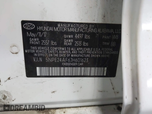 2018 Hyundai Sonata SE with VIN 5NPE24AF6JH601623, listed as a IAAI auction lot 41854043 with Not Provided miles and . Bid and sale history available at carsss.com. Image 9.