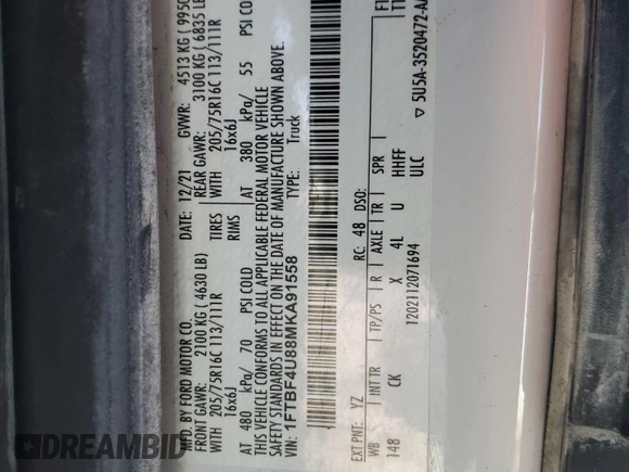 2021 Ford Transit Cargo с VIN 1FTBF4U88MKA91558, выставлен на аукционе Copart как лот 41597595 с пробегом 83 661 миль миль и Списание • Salvage title. История ставок и продаж доступна на DreamBid. Изображение 10.