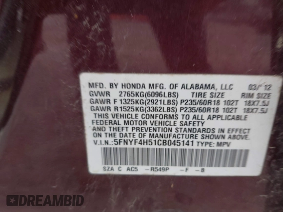 2012 Honda Pilot EX-L with VIN 5FNYF4H51CB045141, listed as a IAAI auction lot 41689396 with 219,792 mi miles and . Bid and sale history available at DreamBid. Image 9.