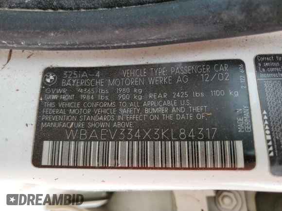2003 BMW 3 Series 325i with VIN WBAEV334X3KL84317, listed as a Copart auction lot 75102904 with Not Provided miles and Salvage Title. Bid and sale history available at carsss.com. Image 13.