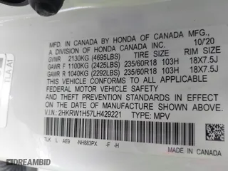 2020 Honda CR-V EX with VIN 2HKRW1H57LH429221, listed as a IAAI auction lot 41543903 with 80,151 mi miles. Bid and sale history available at carsss.com. Image 9.