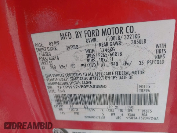 2009 Ford F-150 XL with VIN 1FTPW12V89FA93890, listed as a IAAI auction lot 41649009 with 185,088 mi miles. Bid and sale history available at carsss.com. Image 9.