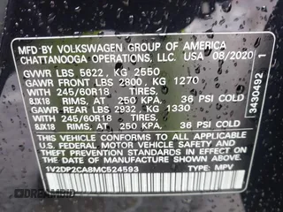 2021 Volkswagen Atlas SE z VIN 1V2DP2CA8MC524593, wystawiony jako IAAI lot #42006866 z przebiegiem 60 419 mil mil oraz . Historia ofert i sprzedaży dostępna na DreamBid. Obrazek 9.
