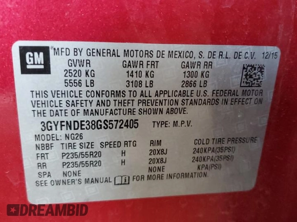 2016 Cadillac SRX Premium Collection with VIN 3GYFNDE38GS572405, listed as a Copart auction lot 73832834 with Not provided miles and Salvage title. Bid and sale history available at DreamBid. Image 12.
