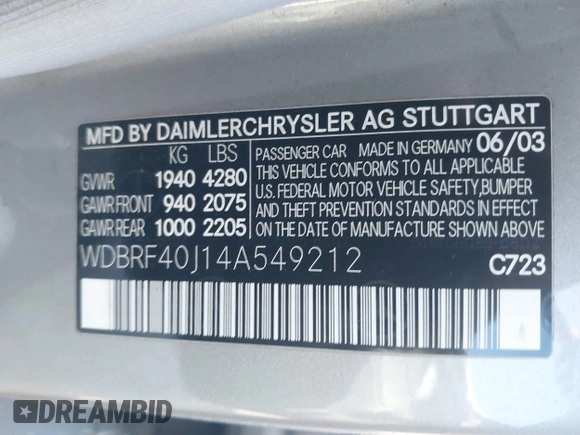 2004 Mercedes-Benz C 230 Kompressor with VIN WDBRF40J14A549212, listed as a IAAI auction lot 41725525 with 235,237 mi miles and . Bid and sale history available at DreamBid. Image 9.