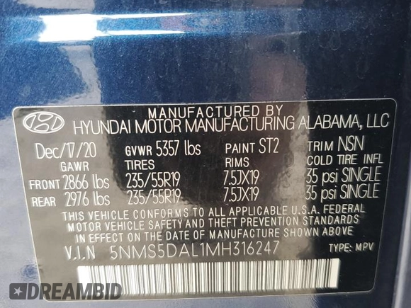 2021 Hyundai Santa Fe Calligraphy with VIN 5NMS5DAL1MH316247, listed as a Copart auction lot 63686564 with 54,291 mi miles and Clean title. Bid and sale history available at DreamBid. Image 15.