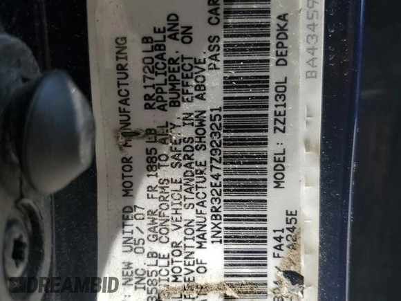 2007 Toyota Corolla CE with VIN 1NXBR32E47Z923251, listed as a Copart auction lot 60465925 with 288,224 mi miles and Clean title. Bid and sale history available at DreamBid. Image 12.