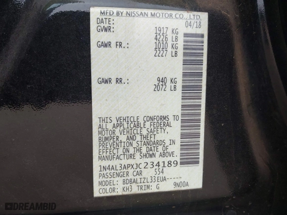 2018 Nissan Altima 2.5 SL with VIN 1N4AL3APXJC234189, listed as a IAAI auction lot 41526375 with 96,947 mi miles. Bid and sale history available at carsss.com. Image 9.