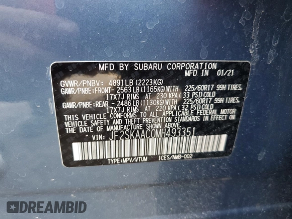 2021 Subaru Forester with VIN JF2SKAAC0MH493351, listed as a Copart auction lot 49169645 with 38,973 mi miles and Salvage title. Bid and sale history available at DreamBid. Image 13.