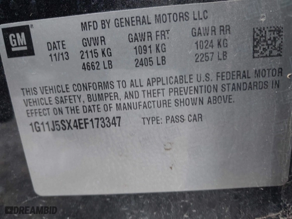 2014 Chevrolet Malibu LTZ with VIN 1G11J5SX4EF173347, listed as a IAAI auction lot 41345183 with 119,080 mi miles. Bid and sale history available at carsss.com. Image 9.