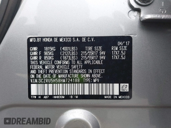 2017 Honda HR-V EX with VIN 3CZRU5H58HM724188, listed as a IAAI auction lot 41911570 with 100,132 mi miles. Bid and sale history available at carsss.com. Image 9.