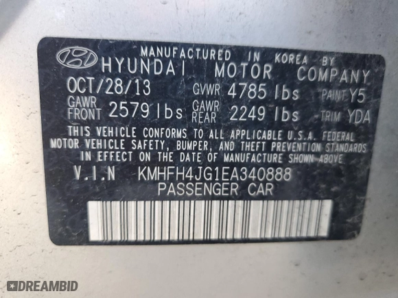 2014 Hyundai Azera Limited with VIN KMHFH4JG1EA340888, listed as a Copart auction lot 69522234 with 0 mi miles and Salvage Title. Bid and sale history available at carsss.com. Image 12.