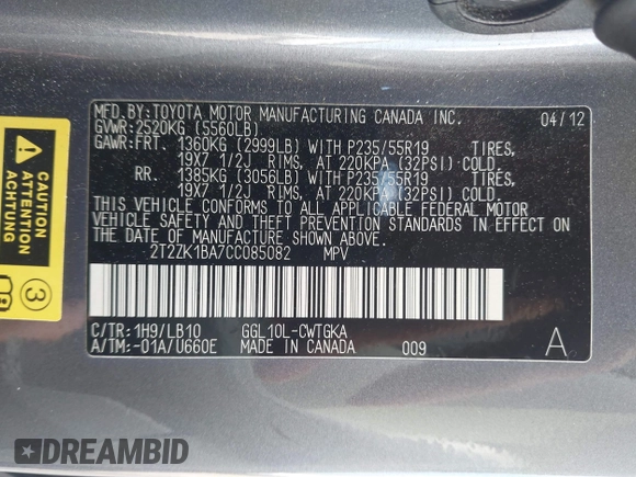 2012 Lexus RX 350 с VIN 2T2ZK1BA7CC085082, выставлен на аукционе IAAI как лот 41996338 с пробегом 159 590 миль миль и . История ставок и продаж доступна на DreamBid. Изображение 9.