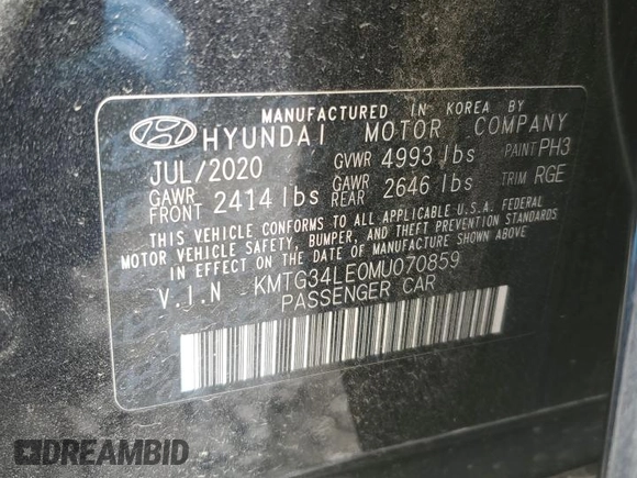 2021 Genesis G70 3.3T with VIN KMTG34LE0MU070859, listed as a Copart auction lot 49269845 with 47,988 mi miles and Salvage Title. Bid and sale history available at carsss.com. Image 12.