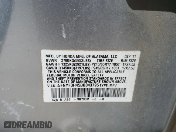 2011 Honda Pilot EX with VIN 5FNYF3H45BB043795, listed as a Copart auction lot 52303585 with 247,582 mi miles and Salvage Title. Bid and sale history available at carsss.com. Image 12.