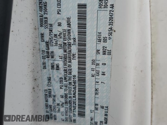 2010 Ford Econoline Cargo Commercial with VIN 1FTNE2EL8ADA54016, listed as a Copart auction lot 81127704 with 190,219 mi miles and Salvage title. Bid and sale history available at DreamBid. Image 13.