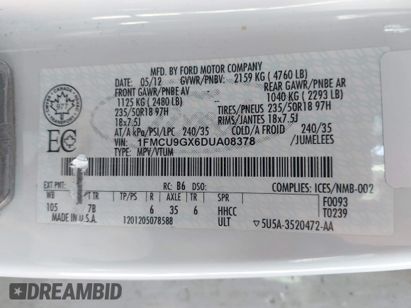 2013 Ford Escape SE с VIN 1FMCU9GX6DUA08378, выставлен на аукционе IAAI как лот 41785964 с пробегом Не указан миль и . История ставок и продаж доступна на DreamBid. Изображение 9.