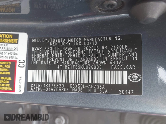 2019 Toyota Avalon XLE with VIN 4T1BZ1FB9KU028903, listed as a IAAI auction lot 41743931 with 68,550 mi miles and . Bid and sale history available at DreamBid. Image 9.