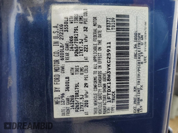 1997 Ford F-150 XL with VIN 1FTDX18W3VKC25911, listed as a Copart auction lot 44074305 with 184,409 mi miles and Salvage Title. Bid and sale history available at carsss.com. Image 12.