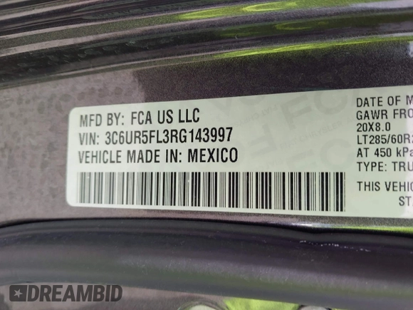 2024 Ram 2500 Laramie with VIN 3C6UR5FL3RG143997, listed as a IAAI auction lot 42781109 with 16,539 mi miles and . Bid and sale history available at DreamBid. Image 9.