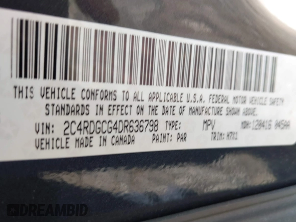 2013 Dodge Grand Caravan SXT with VIN 2C4RDGCG4DR636798, listed as a IAAI auction lot 42240550 with 96,100 mi miles and . Bid and sale history available at DreamBid. Image 9.