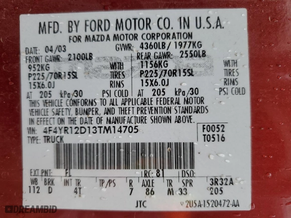 2003 Mazda B-Series 2WD Truck SX with VIN 4F4YR12D13TM14705, listed as a Copart auction lot 44674785 with 79,668 mi miles and Salvage Title. Bid and sale history available at carsss.com. Image 12.