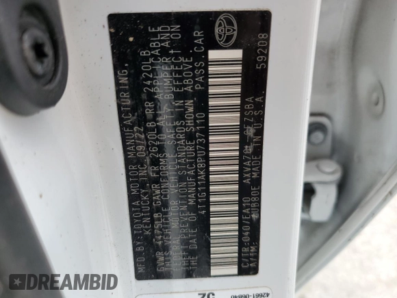 2023 Toyota Camry SE with VIN 4T1G11AK8PU737110, listed as a Copart auction lot 56815494 with 42,031 mi miles and Salvage title. Bid and sale history available at DreamBid. Image 14.