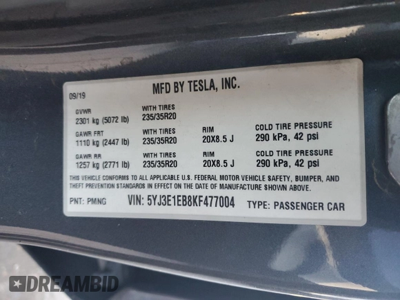 2019 Tesla Model 3 Long Range with VIN 5YJ3E1EB8KF477004, listed as a Copart auction lot 86192984 with 0 mi miles and Salvage Title. Bid and sale history available at carsss.com. Image 14.