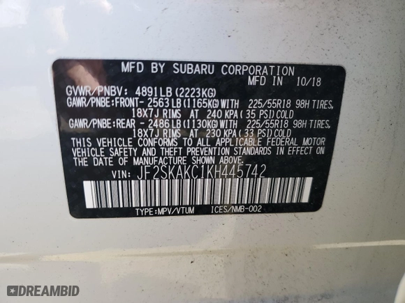 2019 Subaru Forester Sport with VIN JF2SKAKC1KH445742, listed as a Copart auction lot 48548065 with 0 mi miles and Salvage Title. Bid and sale history available at carsss.com. Image 14.