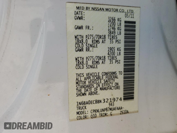 2011 Nissan Titan SL with VIN 1N6BA0EC8BN321974, listed as a Copart auction lot 43952785 with 145,137 mi miles and Salvage Title. Bid and sale history available at carsss.com. Image 12.