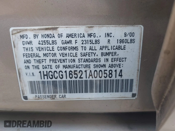 2001 Honda Accord EX с VIN 1HGCG16521A005814, выставлен на аукционе IAAI как лот 42537549 с пробегом Не указан миль и . История ставок и продаж доступна на DreamBid. Изображение 9.