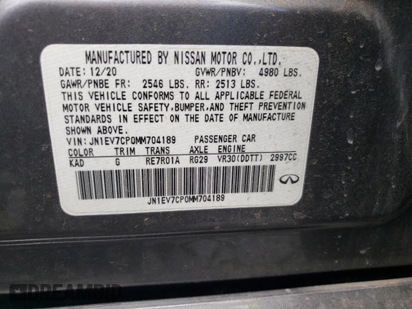 2021 Infiniti Q50 Signature Edition with VIN JN1EV7CP0MM704189, listed as a Copart auction lot 58651135 with 70,572 mi miles and Non repairable. Bid and sale history available at DreamBid. Image 12.