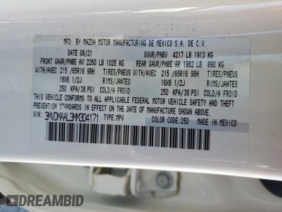 2021 Mazda CX-30 S with VIN 3MVDMAAL3MM304171, listed as a Copart auction lot 50447725 with 35,361 mi miles and Salvage Title. Bid and sale history available at DreamBid. Image 12.