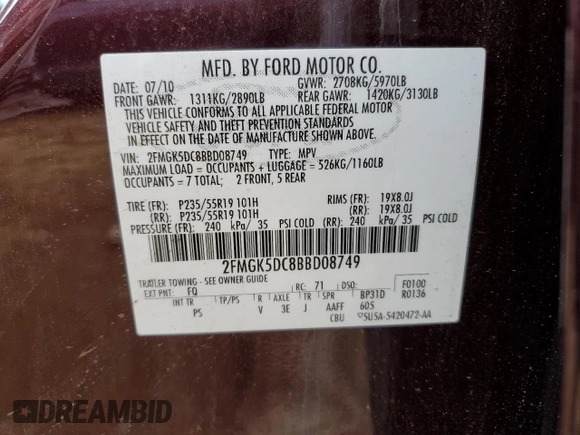 2011 Ford Flex Limited with VIN 2FMGK5DC8BBD08749, listed as a Copart auction lot 49350695 with 126,317 mi miles and Salvage Title. Bid and sale history available at carsss.com. Image 14.
