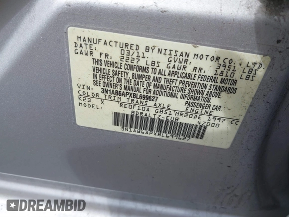 2011 Nissan Sentra SR with VIN 3N1AB6APXBL699627, listed as a IAAI auction lot 39342510 with 136,189 mi miles and . Bid and sale history available at DreamBid. Image 9.