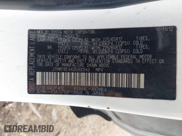 2013 Toyota RAV4 XLE with VIN JTMRFREV4D5000543, listed as a IAAI auction lot 42703469 with 231,337 mi miles and . Bid and sale history available at DreamBid. Image 9.