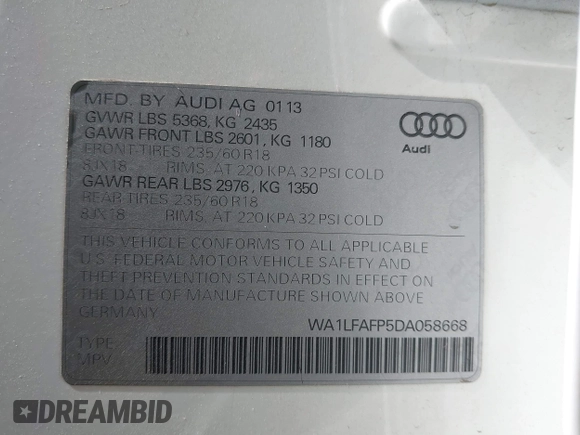 2013 Audi Q5 Premium Plus with VIN WA1LFAFP5DA058668, listed as a IAAI auction lot 41725352 with 133,183 mi miles and . Bid and sale history available at DreamBid. Image 9.