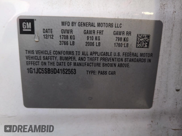 2013 Chevrolet Sonic LT with VIN 1G1JC5SB9D4162563, listed as a Copart auction lot 49792445 with 78,335 mi miles and Clean Title. Bid and sale history available at DreamBid. Image 12.