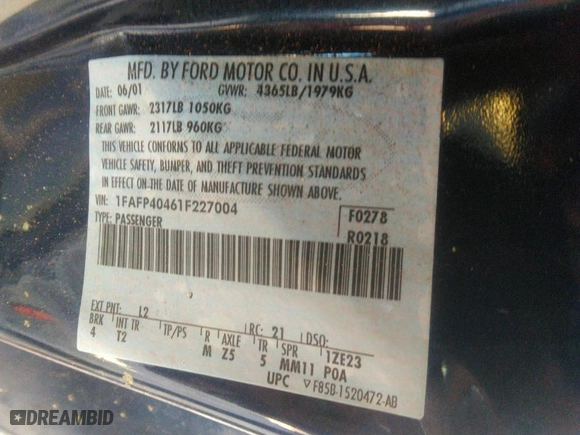 2001 Ford Mustang Standard with VIN 1FAFP40461F227004, listed as a IAAI auction lot 41159659 with 1 mi miles. Bid and sale history available at carsss.com. Image 9.
