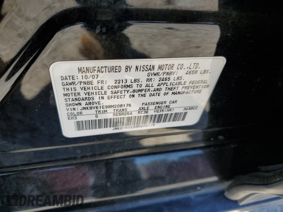 2008 Infiniti G35 with VIN JNKBV61E98M208176, listed as a Copart auction lot 73701134 with 200,799 mi miles and Salvage Title. Bid and sale history available at DreamBid. Image 12.