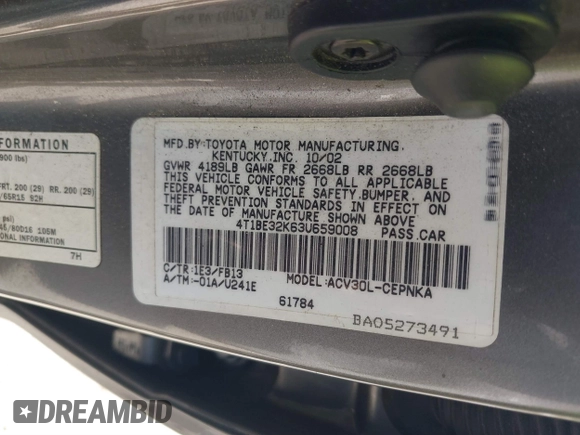 2003 Toyota Camry LE with VIN 4T1BE32K63U659008, listed as a IAAI auction lot 41790929 with 206,878 mi miles and . Bid and sale history available at DreamBid. Image 9.