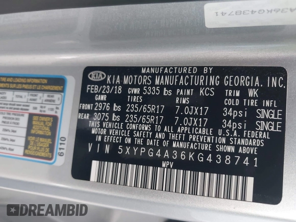 2019 Kia Sorento LX z VIN 5XYPG4A36KG438741, wystawiony jako IAAI lot #42384999 z przebiegiem 94 640 mil mil oraz . Historia ofert i sprzedaży dostępna na DreamBid. Obrazek 9.