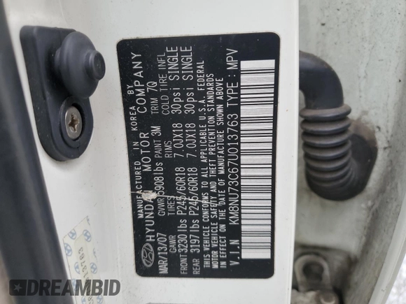 2007 Hyundai Veracruz GLS with VIN KM8NU73C67U013763, listed as a Copart auction lot 88281495 with 209,974 mi miles and Salvage Title. Bid and sale history available at DreamBid. Image 14.