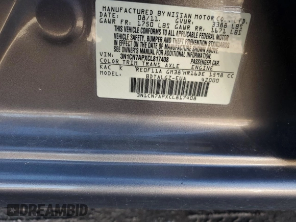 2012 Nissan Versa SV with VIN 3N1CN7APXCL817408, listed as a Copart auction lot 49101125 with 118,417 mi miles and Salvage Title. Bid and sale history available at carsss.com. Image 13.