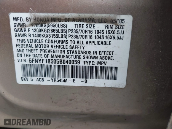 2005 Honda Pilot EX-L with VIN 5FNYF18505B040059, listed as a IAAI auction lot 41656782 with 234,723 mi miles. Bid and sale history available at carsss.com. Image 9.