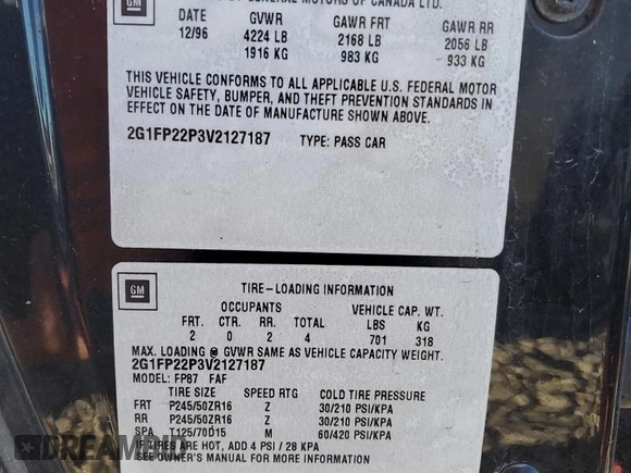 1997 Chevrolet Camaro Z28 z VIN 2G1FP22P3V2127187, wystawiony jako Copart lot #80649014 z przebiegiem 87 889 mil mil oraz Szkoda całkowita • Salvage title. Historia ofert i sprzedaży dostępna na DreamBid. Obrazek 12.