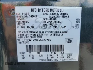 2005 Ford F-150 XLT with VIN 1FTRW12W05KC77725, listed as a Copart auction lot 61828205 with 171,121 mi miles and Salvage title. Bid and sale history available at DreamBid. Image 12.