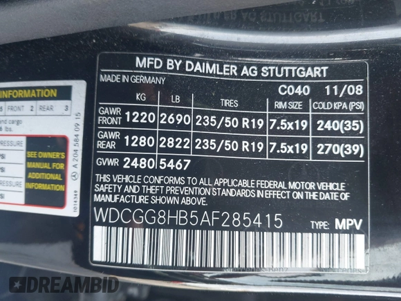 2010 Mercedes-Benz GLK 350 with VIN WDCGG8HB5AF285415, listed as a IAAI auction lot 42188423 with 105,047 mi miles and . Bid and sale history available at DreamBid. Image 9.